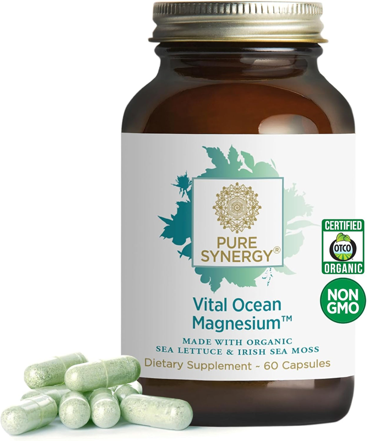 PURE SYNERGY Vital Ocean Magnesium | Organic Magnesium Supplement Capsules | Vegan, Seaweed-Based Complex with Spirulina, Chlorella, & Wakame | for Energy, Sleep, & Stress (60 Capsules)