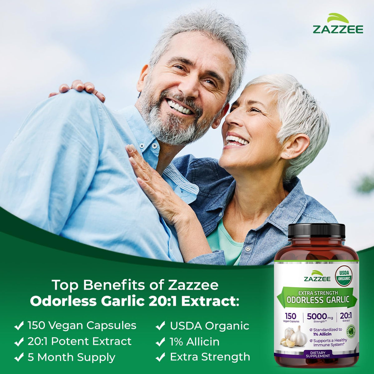 Zazzee USDA Organic Odorless Garlic 20:1 Extract, 1% Allicin, 100 Vegan Capsules, 3+ Month Supply, Allium Sativum, Immune, Circulation & Heart Health Support, All-Natural, Non-GMO, Made in the USA