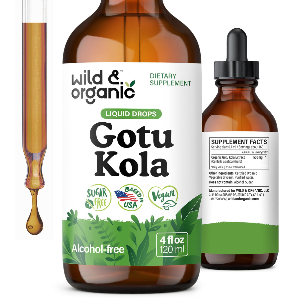 Wild & Organic Gotu Kola Extract Drops - Brain Support with Centella Asiatica Extract - Liquid Gotu Kola Supplement for Focus - Vegan, Sugar & Alcohol-Free Herb Tincture - 4 fl oz