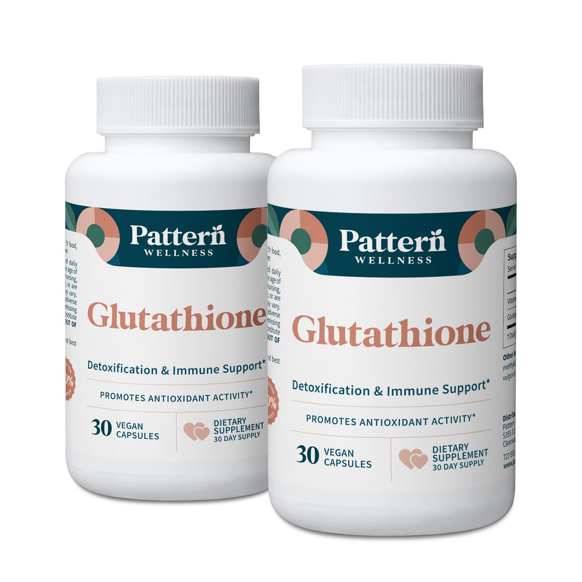 Pattern Wellness Glutathione Supplement - Active Reduced Glutathione Formula with Added Vitamin C - Cell, Antioxidant, + Immune Health Support - 30 Vegan Capsules