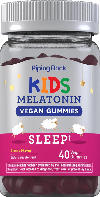 Piping Rock Kids Melatonin Gummy 1mg | 40 Gummies | Cherry Flavor | Vegan, Non-GMO, Gluten Free Supplement