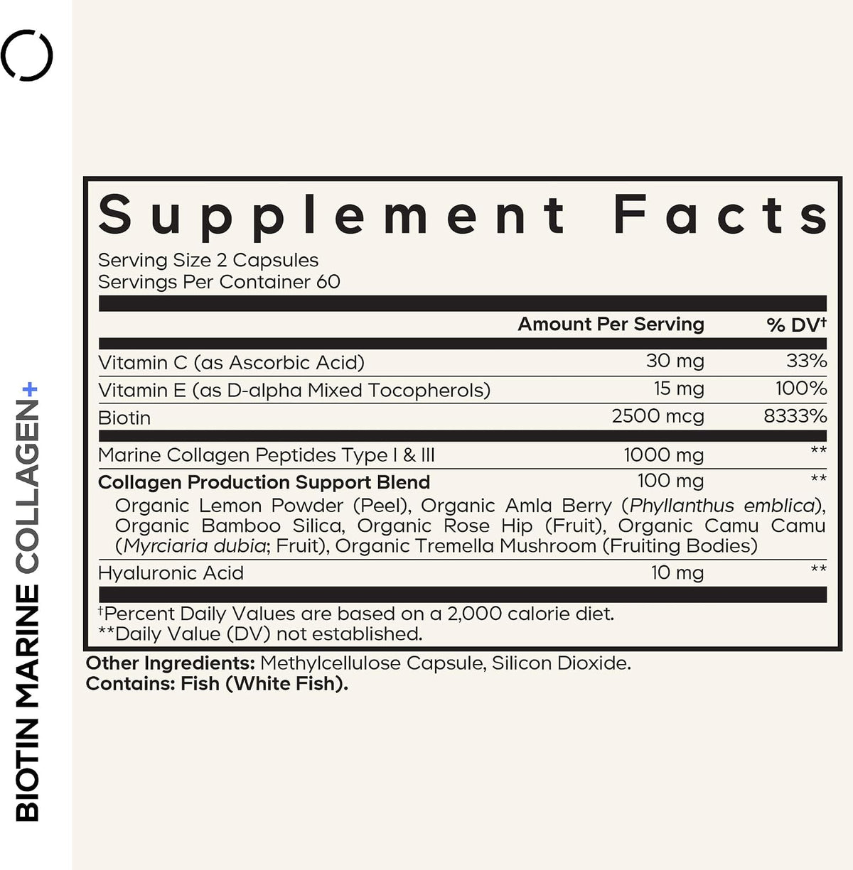 Codeage Biotin Marine Collagen Peptides - Wild-Caught Marine Collagen Types I & III, Biotin, Vitamins C & E, Hyaluronic Acid, Amino Acids, Fruit and Herb Blend, Non-GMO - 120 Capsules