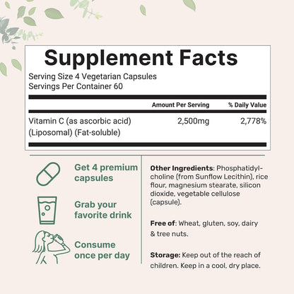 Liposomal Vitamin C 2,500mg, 240 Veggie Capsules | Highly Bioavailable Fat Soluble Form | Immune Support & Antioxidant Supplement | Liposomal Delivery for Superior Absorption | Non-GMO, Gluten Free