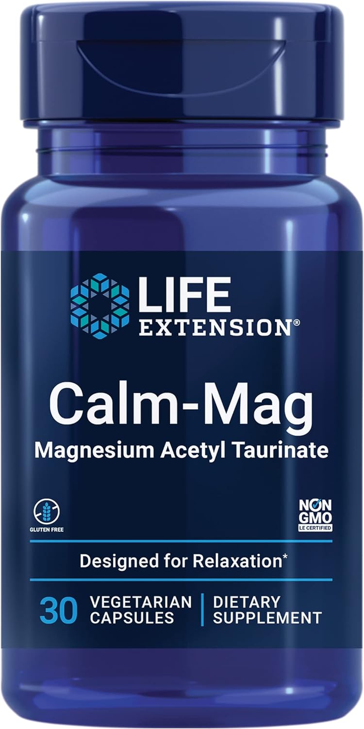 Life Extension Calm-Mag, Magnesium Acetyl taurinate, Daily Stress Management Formula, Supports Calmness and Relaxation, Gluten-Free, Non-GMO, Vegetarian, 30 Capsules