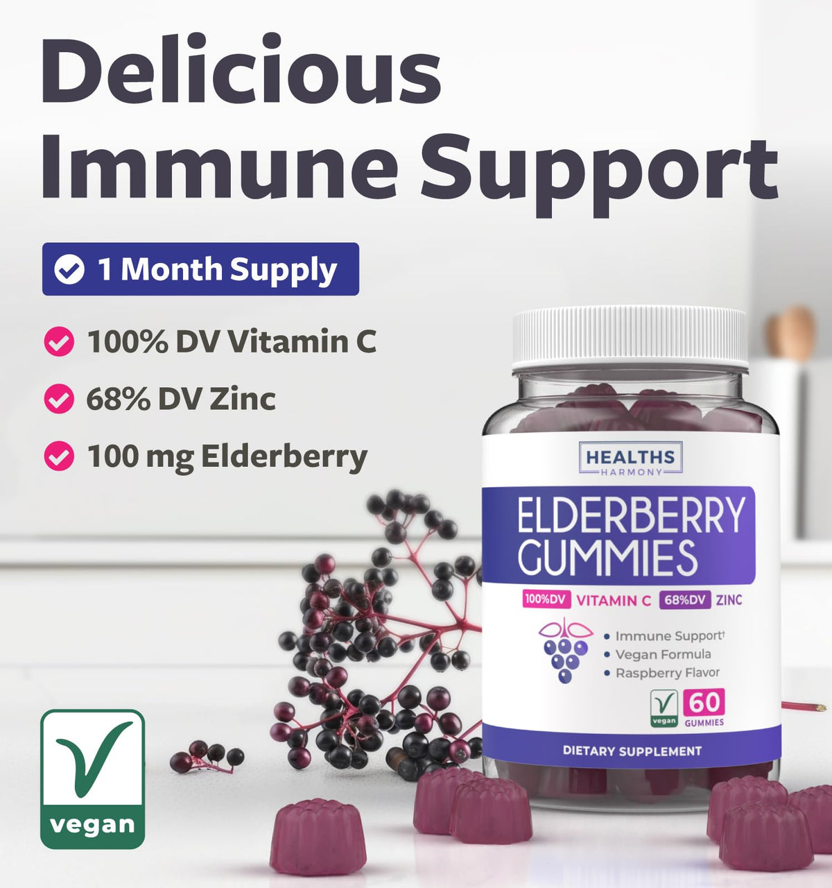 Vegan Sambucus Elderberry Gummies for Adults - Black Elderberry Vitamin C and Zinc Gummies for Daily and Seasonal Wellness - Delicious and Nutritious Immune Support Gummy (1 Month Supply)