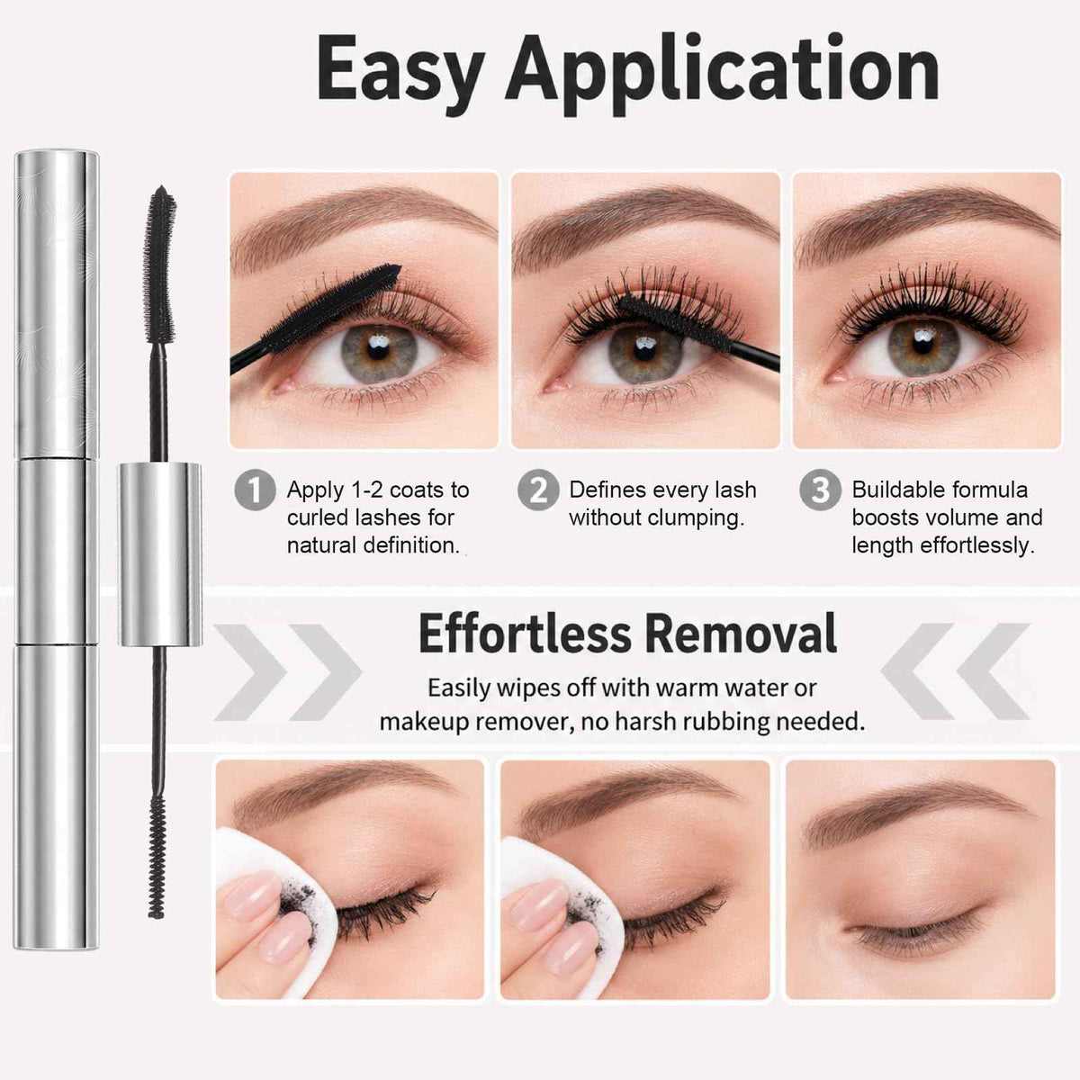Tubing Mascara for Older Women 60 Plus, Double Ended Black Mascara, Lengthening Volumizing 2-in-1 Mascara for Short Multi-layered Lashes, Smudge Proof Easy Warm Water