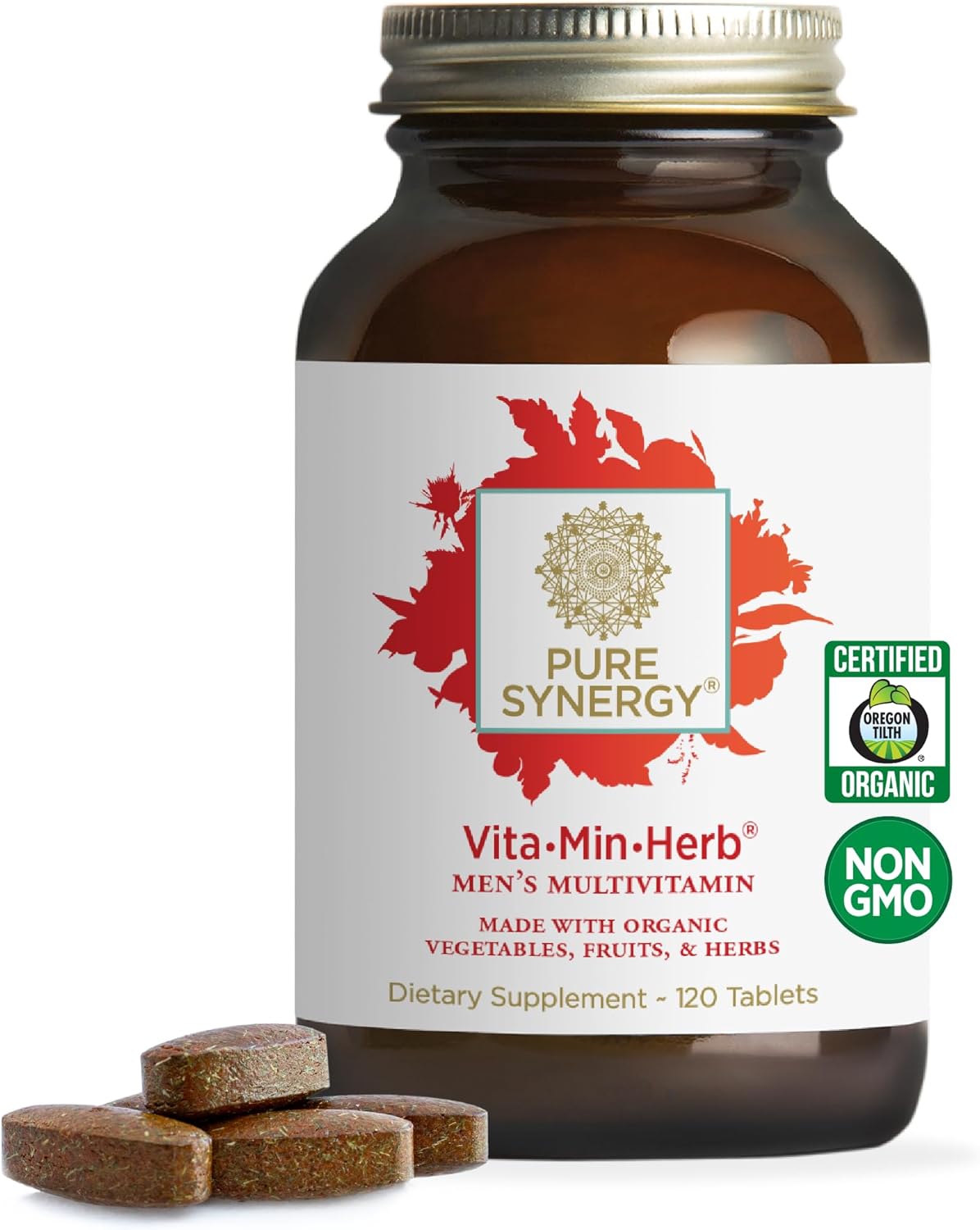 PURE SYNERGY Vita·Min·Herb for Men | Men’s Comprehensive Multivitamin Supplement | Made with Organic Whole Food Non-GMO Ingredients | Daily Energy & Immune Support (120 Tablets)