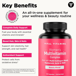 Vital Vitamins Women's Multivitamin Complex - Made with Multi-Collagen Blend, Hyaluronic Acid, & MSM - Beauty Multivitamins - with Vitamin A, C, E, B6, B12, D3-60 Capsules Vital VitaminsBuy Supplements Australia
