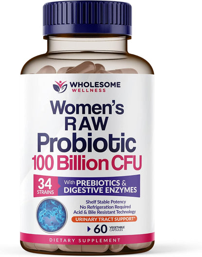 Wholesome Wellness Dr. Formulated Raw Probiotics for Women 100 Billion CFUs + Digestive Enzymes 1000MG Plus Prebiotics & Probiotics Supplement Bundle