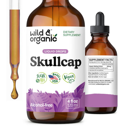 Wild & Organic Skullcap Herb Tincture - Skullcap Supplement for Mood Support - Relaxing Liquid Extract Drops - Vegan, Sugar & Alcohol-Free - 4 fl oz
