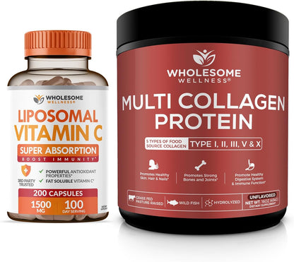 Wholesome Wellness Liposomal Vitamin C Capsules + Multi Collagen Protein Powder Hydrolyzed Bundle