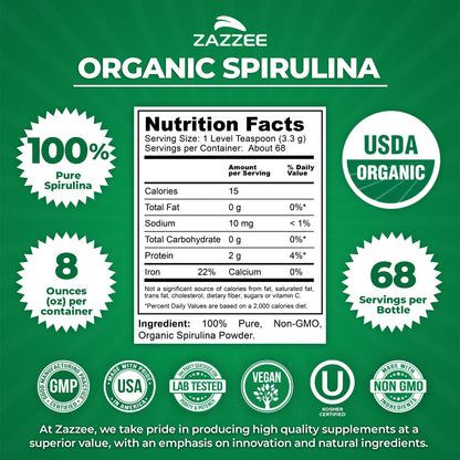 Zazzee USDA Organic Spirulina Powder, 2.2 Pounds (1 KG), 303 Servings, Certified Kosher, 100% Pure, Non-Irradiated, Mess-Free Wide Mouth Container, Fresh Smell and Neutral Taste, Non-GMO, Made in USA