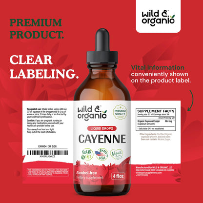 Wild & Organic Cayenne Pepper Drops - Antioxidant & Digestive Support - Capsaicin Supplements - Fast Absorbing Liquid Cayenne Pepper Extract Tincture - No Spicy Aftertaste, Alcohol-Free - 4 fl oz