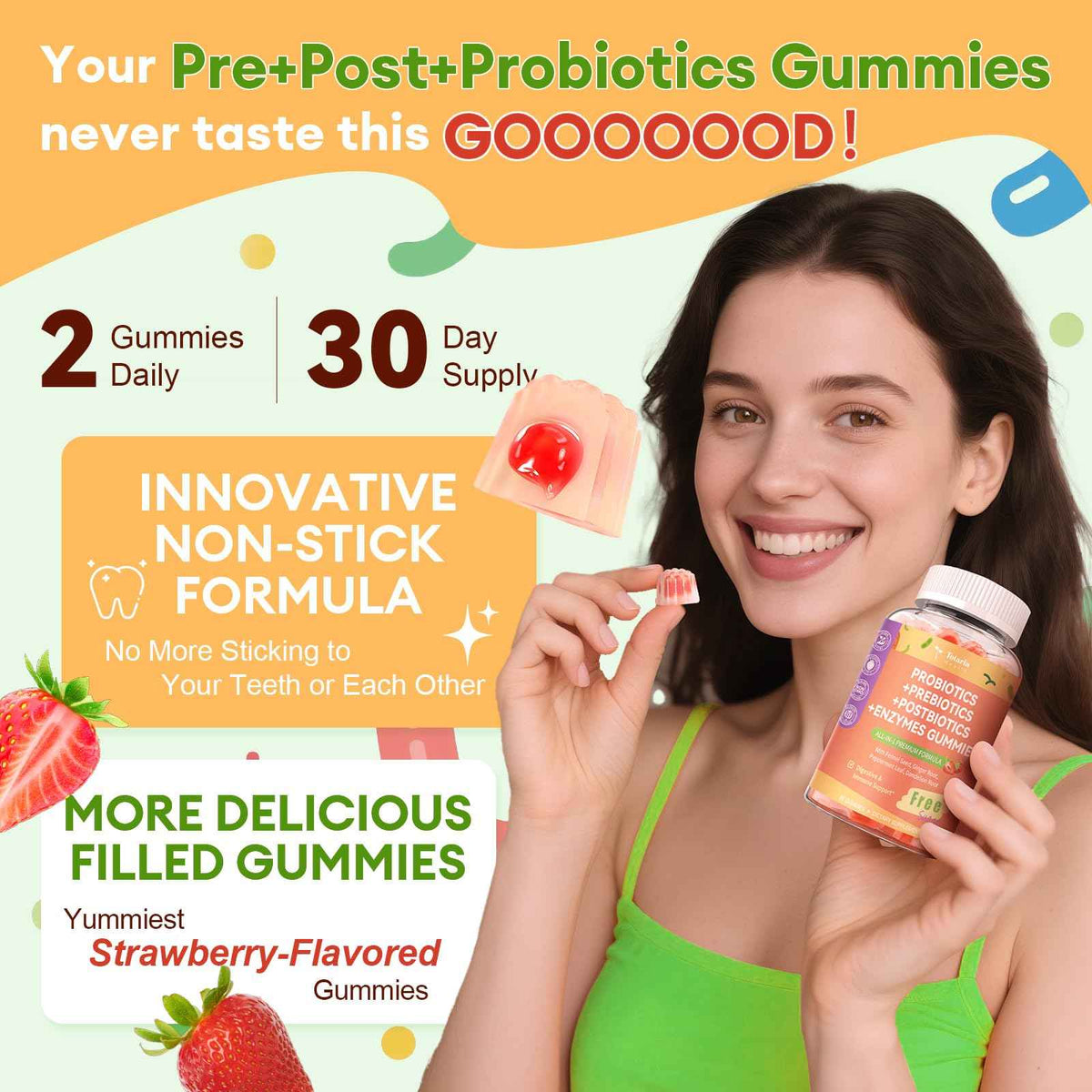 (2 Packs) Totaria Sugar Free 5-in-1 Probiotic Prebiotic Postbiotic Gummy, Probiotics for Women Men with Digestive Enzymes, Peppermint, Complete Immune, Gut & Digestive Support, Vegan Strawberry Flavor