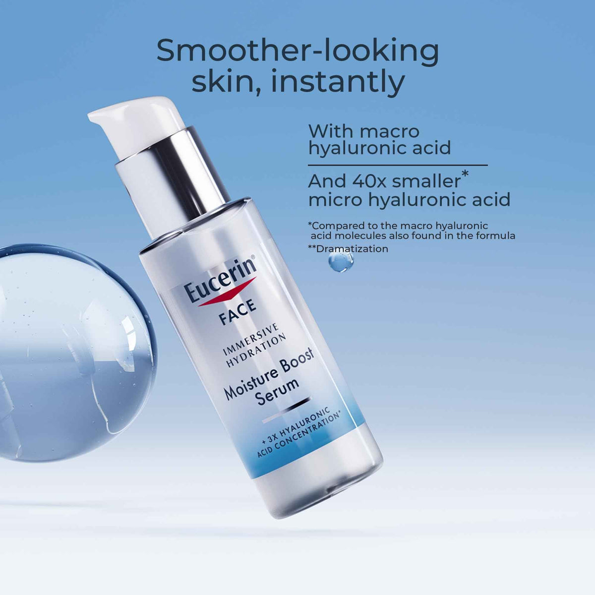 Eucerin Immersive Hydration Smoothing Face Serum, Ultra-Lightweight Hyaluronic Acid Serum Reduces the Look of Fine Lines and Wrinkles, 1 Fl Oz Bottle