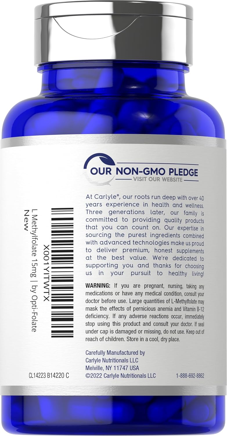 Carlyle L Methylfolate 15mg | 120 Capsules | Value Size | Max Potency | Optimized and Activated | Non-GMO, Gluten Free Supplement | Methyl Folate, 5-MTHF | by Opti-Folate