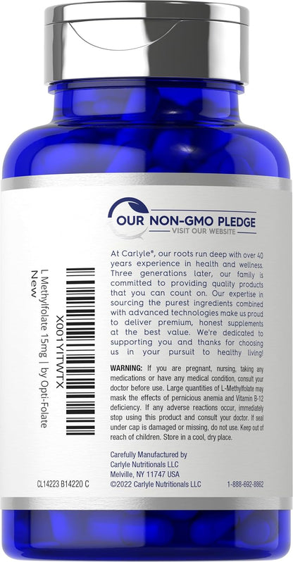 Carlyle L Methylfolate 15mg | 120 Capsules | Value Size | Max Potency | Optimized and Activated | Non-GMO, Gluten Free Supplement | Methyl Folate, 5-MTHF | by Opti-Folate