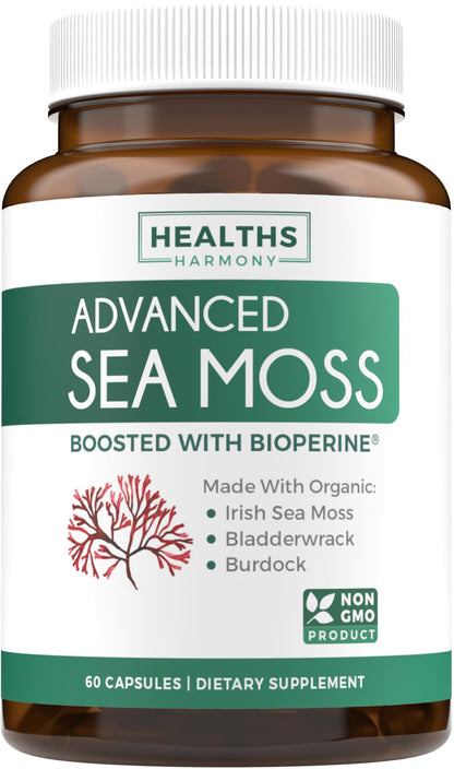 Organic Irish Sea Moss Capsules - Organic Sea Moss Capsules with Bladderwrack Burdock Root and Black Pepper Extract for Enhanced Absorption - Vegan Non-GMO & Made in the USA (1 Month Supply)