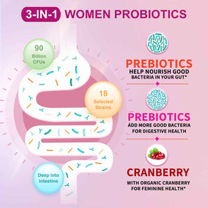 OMOGS 2PCS Women's Probiotic, with Cranberry Extract, Organic Prebiotics & Vitamin C, 90 Billion CFUs,18 Strains, Help for Boost Immune, Digestive, Gut Health & Women's Health,180 Tablets