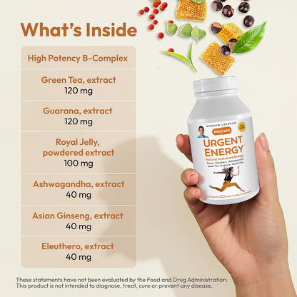 ANDREW LESSMAN Urgent Energy 60 Capsules - Provides a Safe, Healthy Means of Enhancing Energy Levels and Feelings of Well-Being, Green Tea, Guarana, Ginseng, Royal Jelly, Ashwagandha, B-Complex