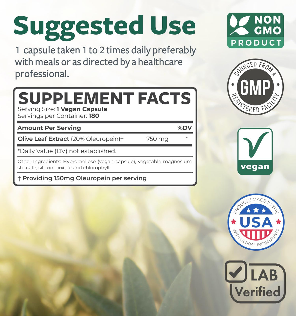 Super Strength Olive Leaf Extract Capsules - Vegan Non-GMO 750mg Olive Extract with 20% Oleuropein Antioxidant Supplement for Immunity Skin and Heart Health Support - Made in The USA (2 Month Supply)