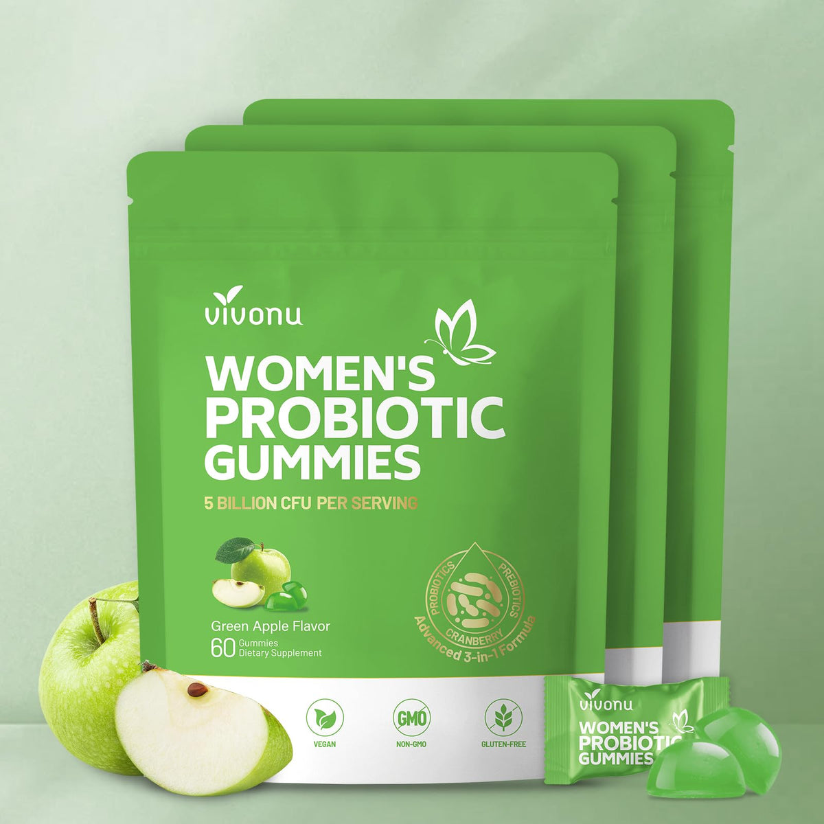 VivoNu Viginal Probiotic for Women, Women Probiotic Gummies, Feminine Balance Gummies, Green Apple Probiotics for Woman Vaginigal Health, Yeast Ph Balance