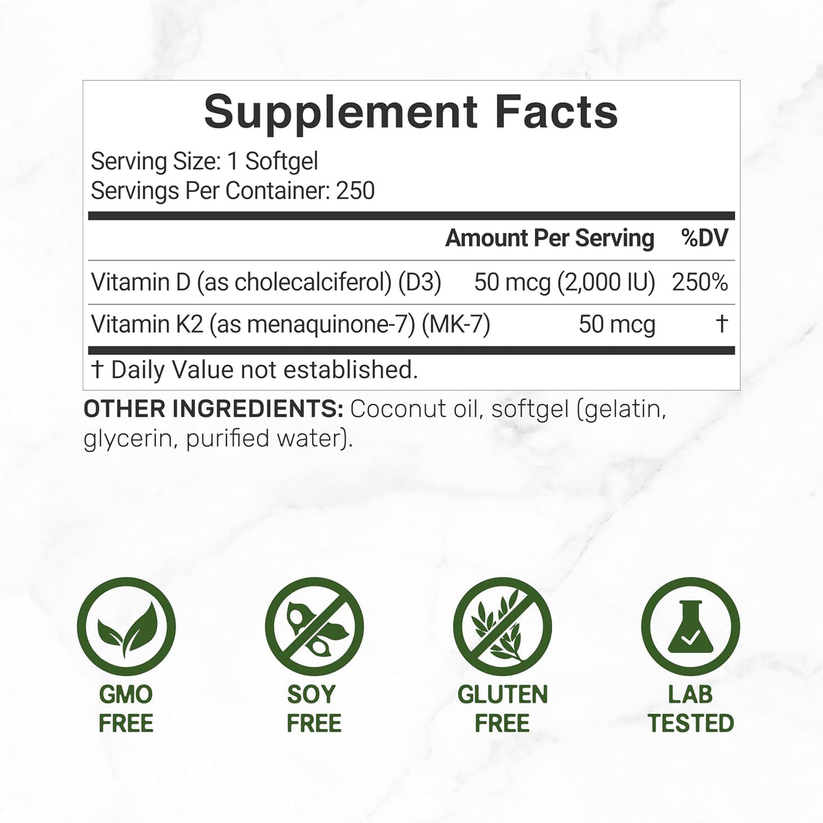 DEAL SUPPLEMENT Vitamin D3 2,000 IU + K2 MK7 50mcg Softgels | 2-in-1 Complex with Virgin Coconut Oil | Supports Heart, Bone, Teeth & Immune Health | Easy to Swallow