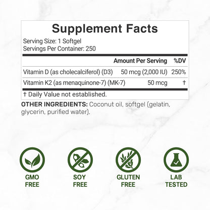 DEAL SUPPLEMENT Vitamin D3 2,000 IU + K2 MK7 50mcg Softgels | 2-in-1 Complex with Virgin Coconut Oil | Supports Heart, Bone, Teeth & Immune Health | Easy to Swallow