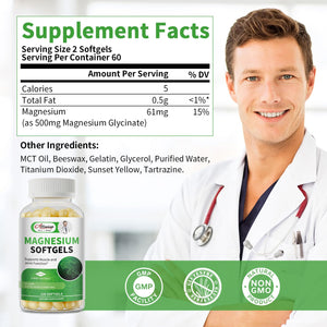 Magnesium Glycinate 500mg Softgels Supplement, Small Easy to Swallow Magnesium Gelcaps High Absorption for Night Leg&Sleep Support, Muscle&Bone, Calm, Non GMO, 120 Gelcaps, 60 Day Supply AlliwiseBuy Supplements Australia