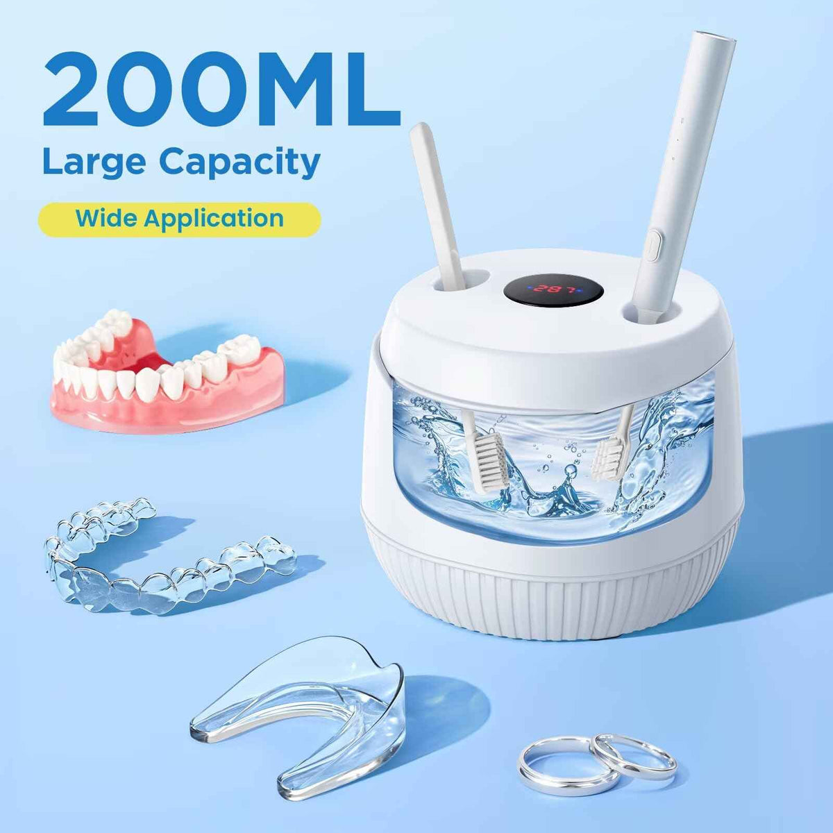 Dental Ultrasonic Retainer Cleaner Machine: 45kHz Dental Cleaning Pod with Digital Timer & 200ML, Cleaning for Dentures, Mouth Guards, Aligners, Night Guards, Braces