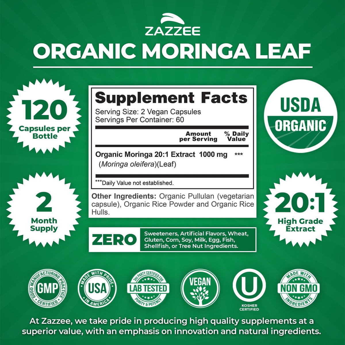 Zazzee USDA Organic Moringa Leaf 20:1 Extract, 180 Vegan Capsules, 3 Month Supply, Certified Kosher, Moringa Oleifera, Antioxidant, Immune & Cellular Support, Superfood Supplement, Made in the USA