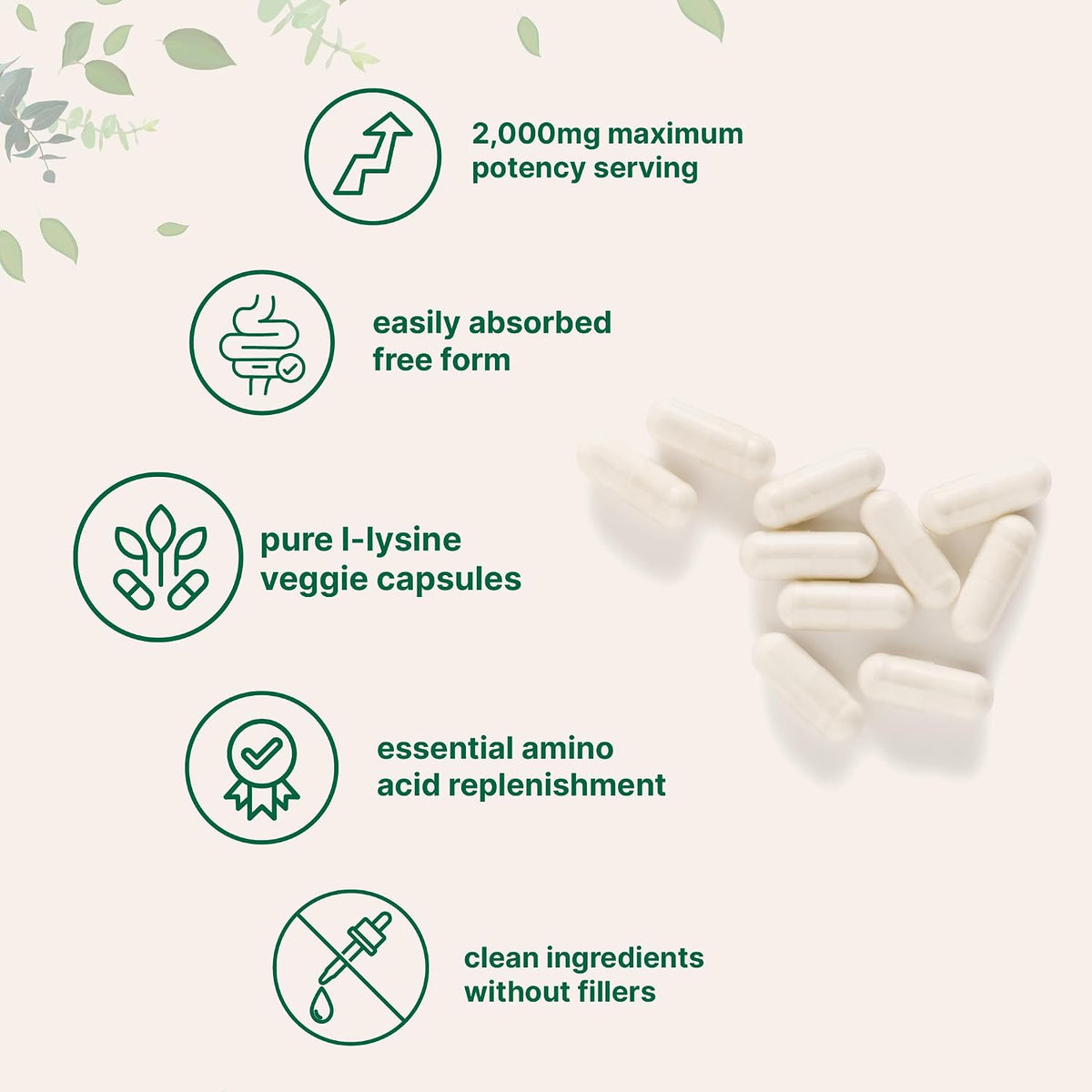 Pure L-Lysine 2,000mg, 300 Veggie Capsules | Maximum Potency, Easily Absorbed, Free Form | Essential Amino Acid for Collagen, Lip, & Immune Support | Clean Ingredients Without Fillers