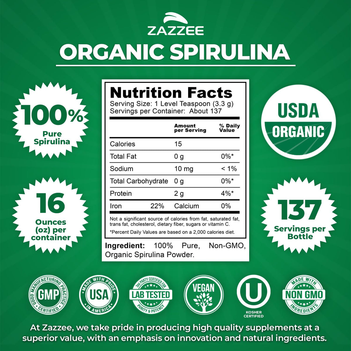 Zazzee USDA Organic Spirulina Powder, 2.2 Pounds (1 KG), 303 Servings, Certified Kosher, 100% Pure, Non-Irradiated, Mess-Free Wide Mouth Container, Fresh Smell and Neutral Taste, Non-GMO, Made in USA