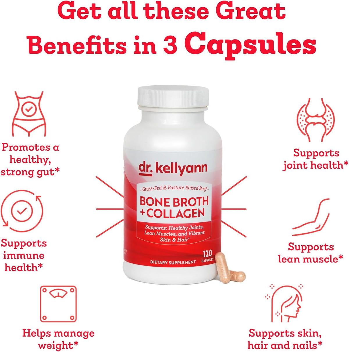 Dr. Kellyann Bone Broth Capsules | 500mg Collagen Per Serving | Supports Gut Health | Joint & Cartilage Repair | Skin Hair Nails | Fasting Support | Grass-Fed Beef | Digestive Wellness | 40 Servings