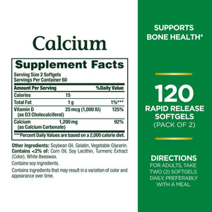 Nature's Bounty Calcium 1200 mg with Vitamin D3 - Bone Health Softgels, Calcium and Vitamin D Supplement, 120 Ct (2-Pack)