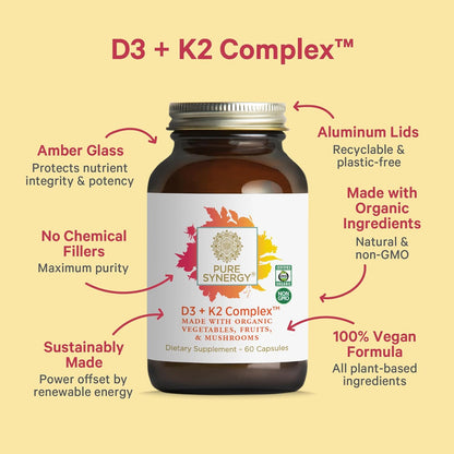 PURE SYNERGY D3 + K2 Complex | Vegan Vitamin D3 K2 Complex | Organic D3 Supplement with Vitamin K2 and K1 Plus Organic Whole Foods | Supports Bone, Brain, and Immune Health (60 Capsules)