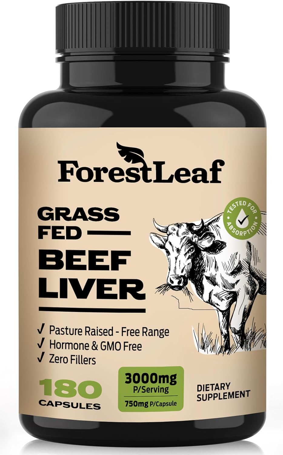 ForestLeaf Grass Fed Beef Liver Capsules, 3000mg Per Serving, Supports Immunity & Body Wellness, Cleansing, Digestion, Natural Iron, Vitamin A and B12, Freeze Dried Beef Liver Supplement, 180 Caps