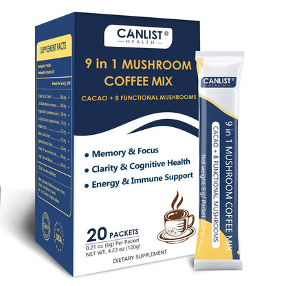 CANLIST Organic 9 in 1 Mushroom Coffee Powder with Lion's Mane & Chaga,Cordyceps, Reishi, Shiitake for Cognitive Focus, Immune Support & Stress Relief, Non-GMO & Vegan Friendly（20 Stick Packets）