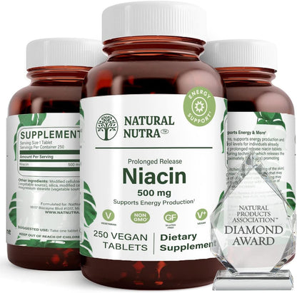 Natural Nutra Time-Release Slow Niacin 500mg (Vitamin B3), Support Healthy Cholesterol, Promotes Cardiovascular Health, Promotes Skin Cells and Improve Cognitive Function, 250 Vegan Tablets