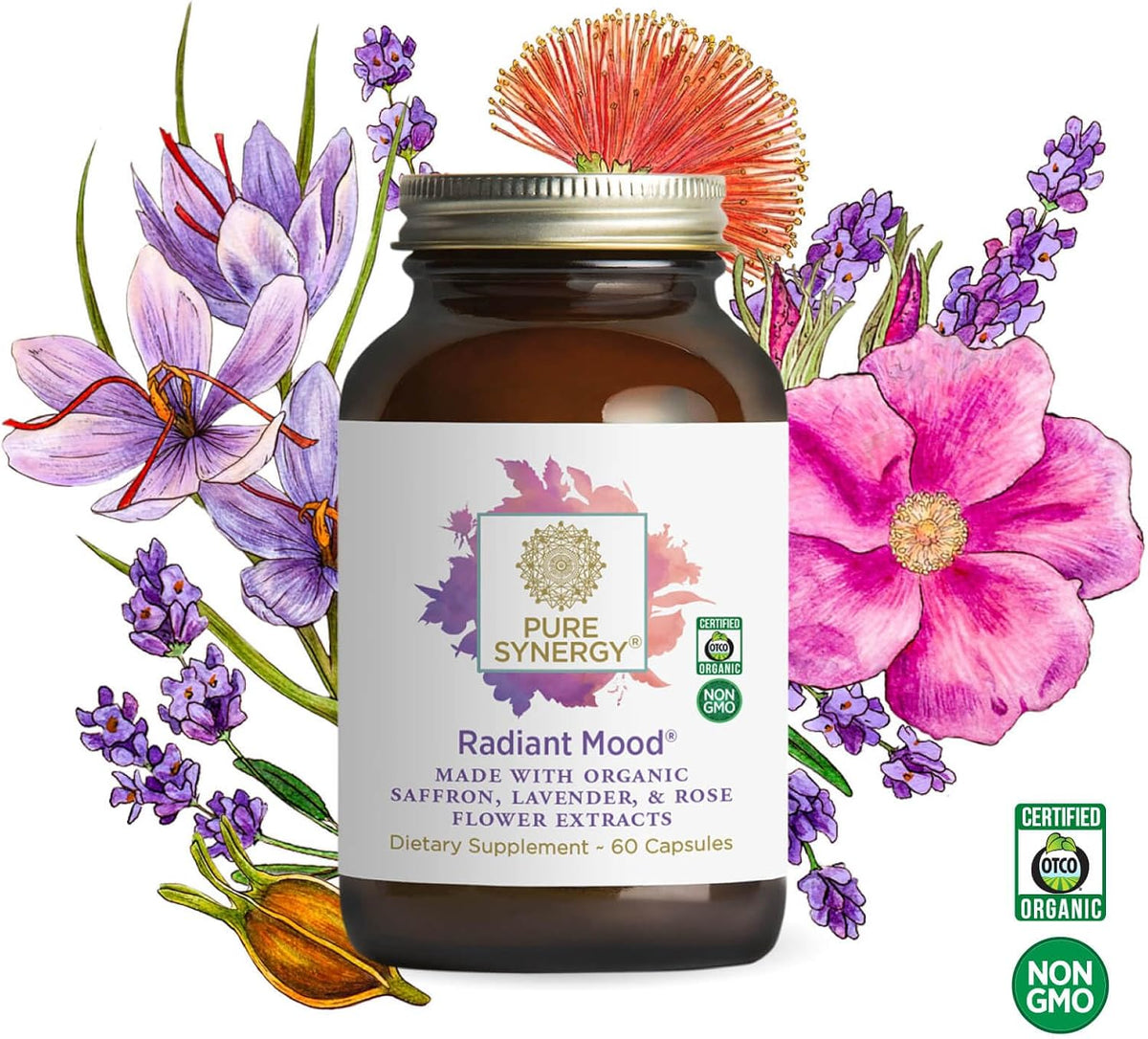 Pure Synergy Radiant Mood | Natural Mood and Sleep Supplement with Organic Saffron | with Saffron, Lemon Balm, and Magnolia Bark | for Sleep, and Stress Support (60 Capsules)