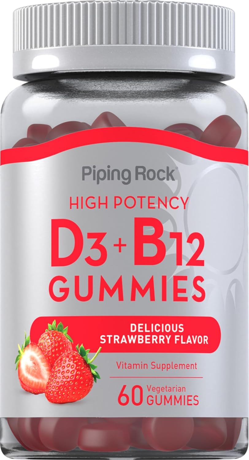 Piping Rock Vitamin D3 and B12 Gummies | 60 Count | Supplement for Women and Men | High Potency | Strawberry Flavor | Vegetarian, Non-GMO, Gluten Free