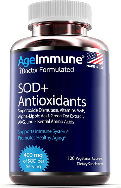 SOD Antioxidants Complex Healthy Aging Supplement - 400mg of Superoxide Dismutase - Alpha Lipoic Acid - Green Tea Extract - L-Arginine - Lysine - AKG - Vitamins A and E for Immune Support-120 Capsules