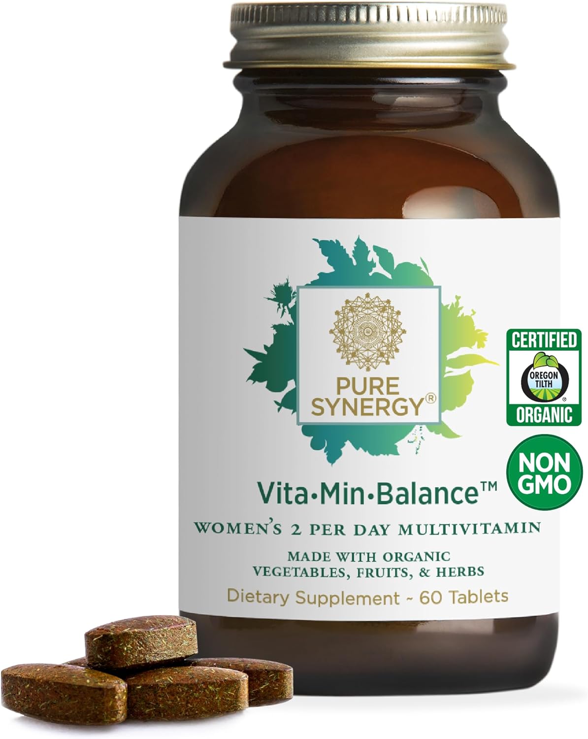 PURE SYNERGY Vita·Min·Balance | Multivitamin for Women with Iron | Women’s Daily Multivitamin Made with Organic Whole Foods | for Balanced Energy and Stress Support (60 Tablets)