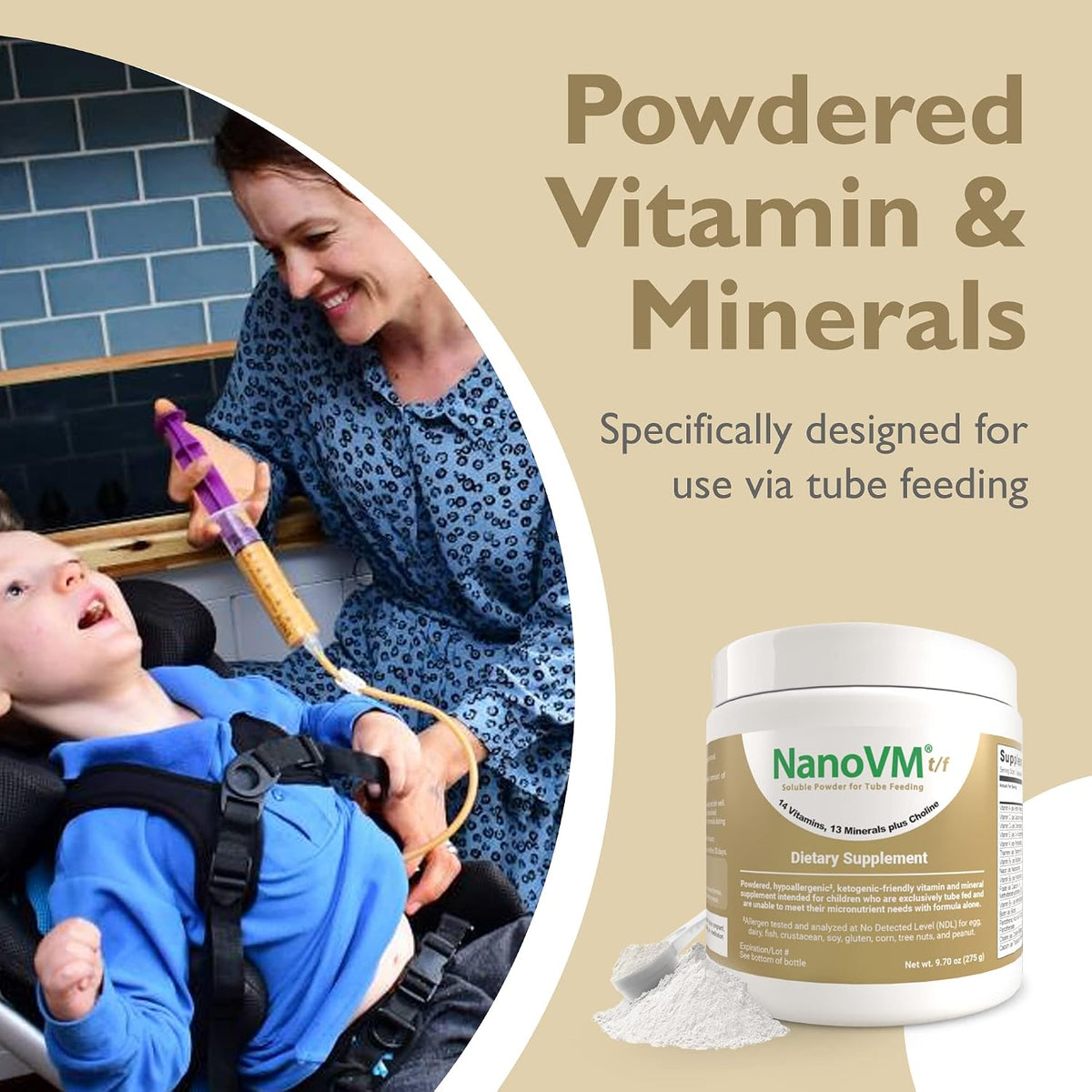 t/f, Dietary Supplement for Tube Feeding, Allergen-Free Kids Multivitamin, Unflavored Vitamin Powder with 14 Vitamins & 13 Minerals, Low-Carb Kids Vitamins, 275g - Solace Nutrition
