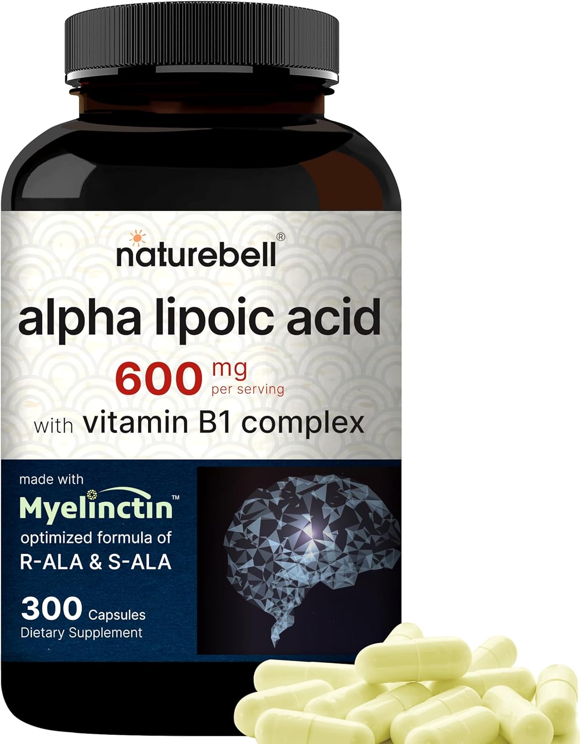 NatureBell Alpha Lipoic Acid Complex, 600mg, 300 Capsules | 4-in-1 Myelinctin Formula with R-ALA, S-ALA, Thiamine & Benfotiamine | High Absorption & Antioxidant Support | Non-GMO, Gluten-Free