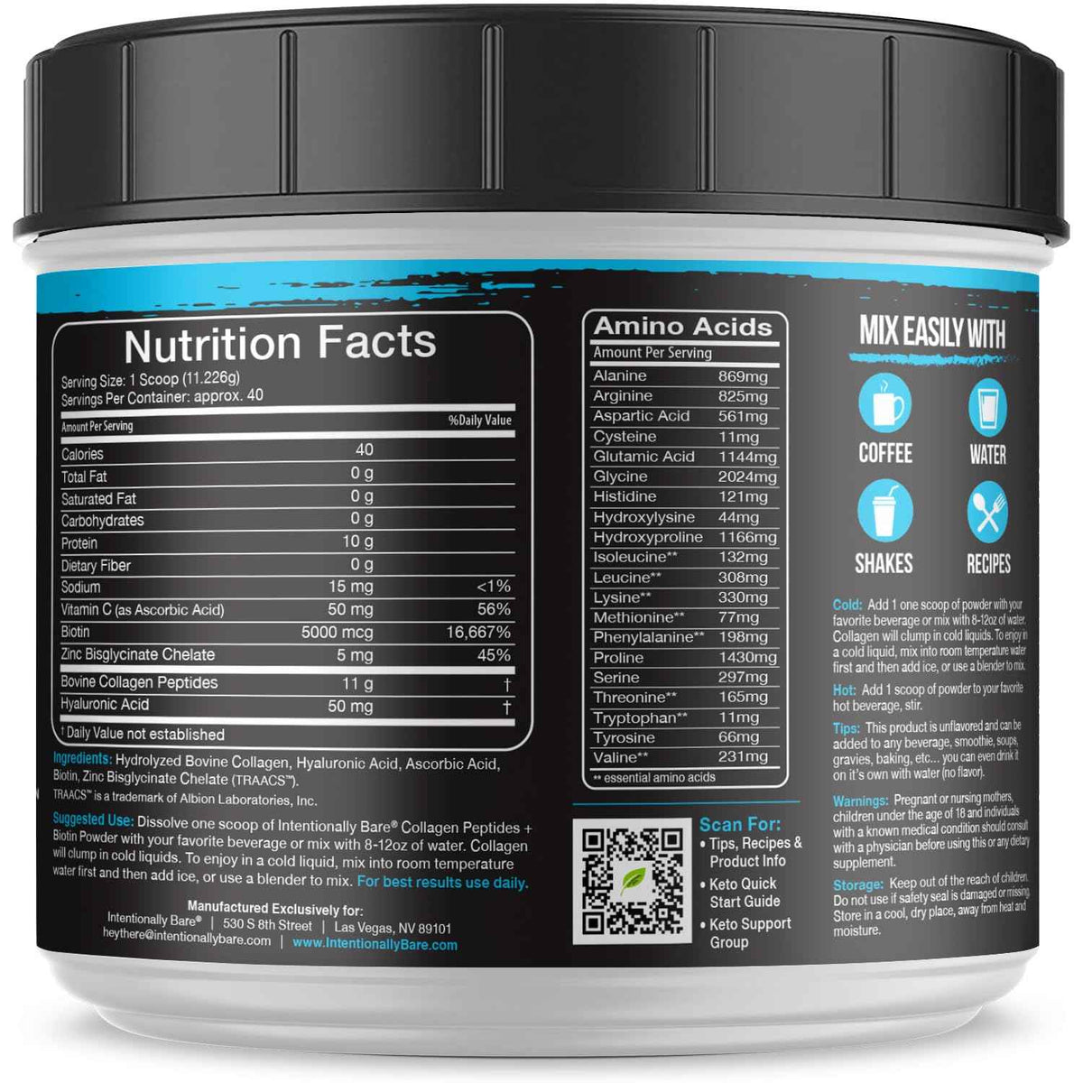 Intentionally Bare Grass Fed Hydrolyzed Collagen Peptides Powder - Bovine Collagen Powder – with Biotin, Hyaluronic Acid, Vitamin C & Zinc - Peptides I & III