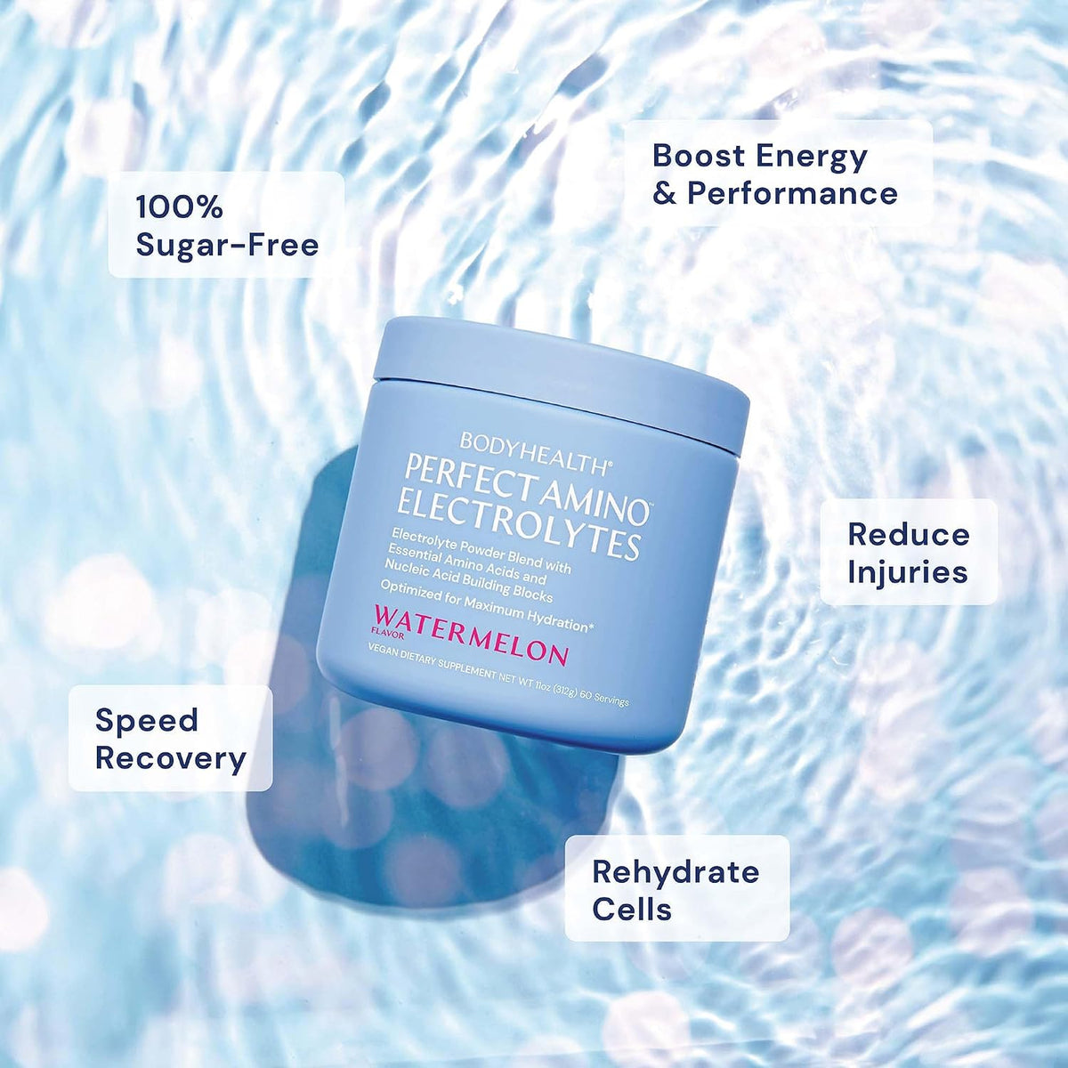 BodyHealth PerfectAmino Electrolytes Powder No Sugar, Keto Sugar Free Fasting Electrolytes Drink Mix, Hydration Powder with Trace Minerals - Watermelon - 60 Servings