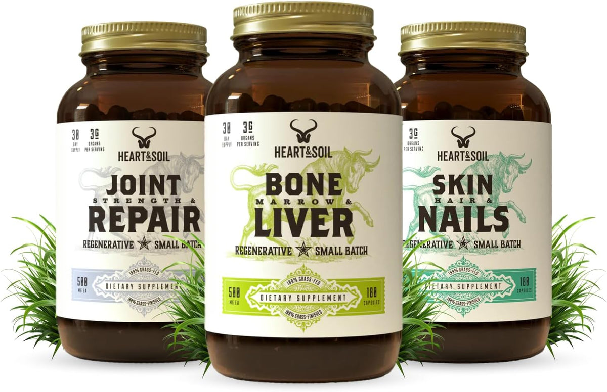 HEART & SOIL Joint & Mobility Stack – 3 Items: Bone Marrow & Liver, Joint Strength & Repair, Skin, Hair & Nails for Full-Body Wellness, Collagen Support, Flexibility, and Recovery