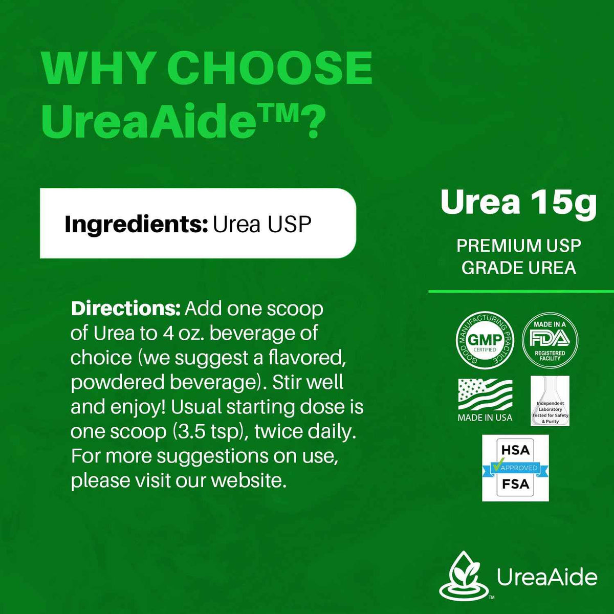 UreaAide Unflavored Urea Powder for Low Sodium 30 Servings Oral Urea Powder for Hyponatremia-Single Ingredient 100% Medical Grade Urea with 15 gram Dose Scoop