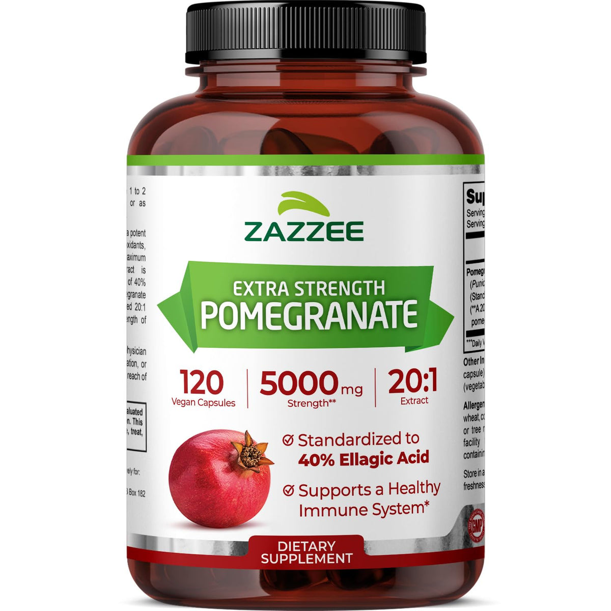 Zazzee Extra Strength Pomegranate 20:1 Extract, 40% Ellagic Acid, 120 Vegan Capsules, 4 Month Supply, Punica Granatum, Antioxidant & Cellular Health Support, Non-GMO, Made in the USA